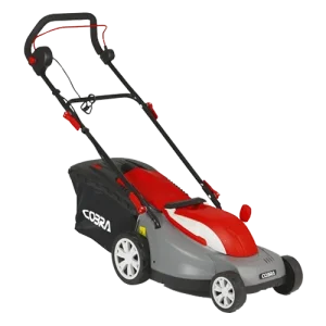 Cobra electric lawn mower with red and black design.