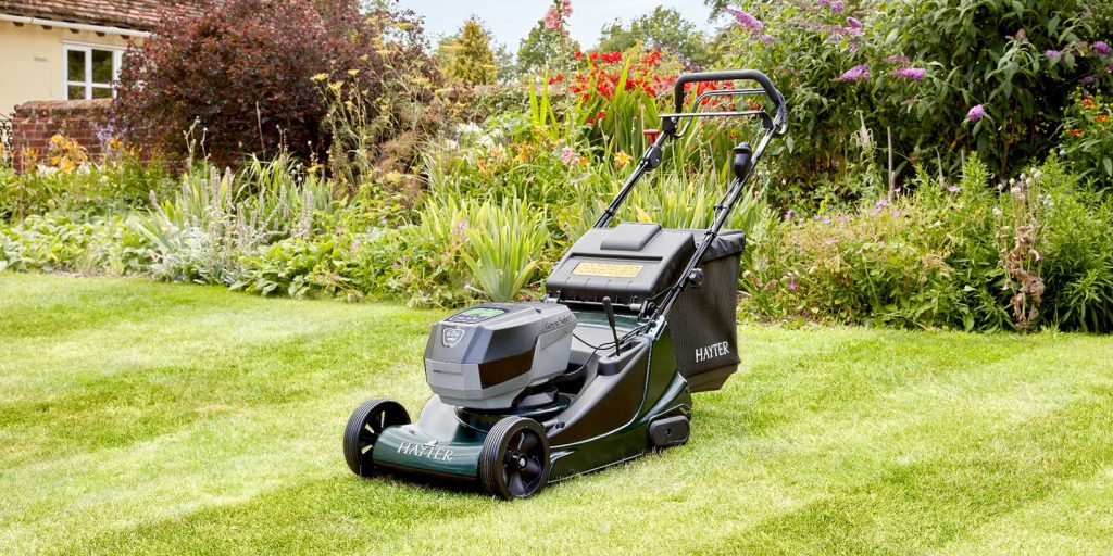 hayter-cat2 - Mowers Online Black electric lawn mower on grass