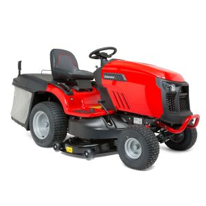 Red ride-on lawn mower with grass collector