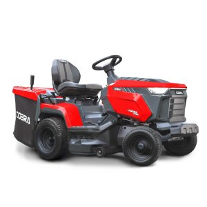 Red and gray ride-on lawn mower