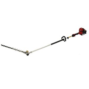 Gas-powered hedge trimmer with curved shaft