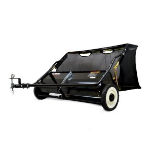 Tow-behind lawn sweeper with black canvas hopper