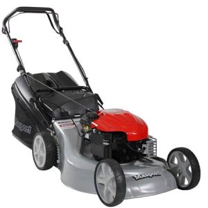 Red and silver self-propelled lawn mower