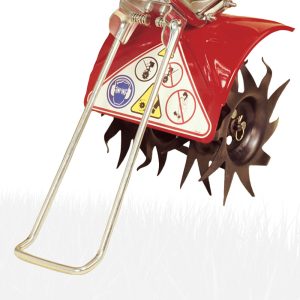 Red motorcycle with spiked wheel and gauge panel