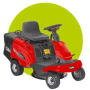 Red ride-on lawn mower with grass collection box