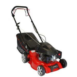Red and black push lawn mower with handles