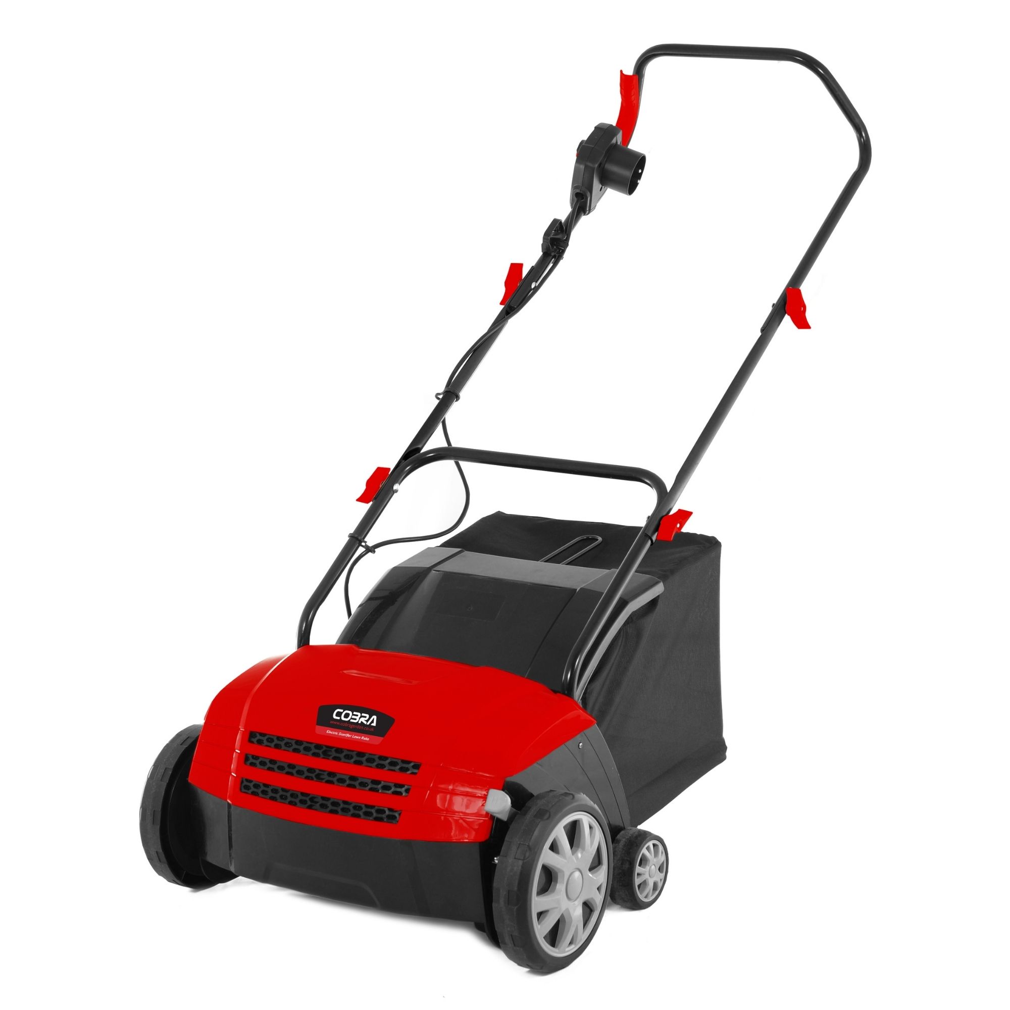 cw3sbjnul1p.jpg - Mowers Online Red and black electric lawn dethatcher with handle
