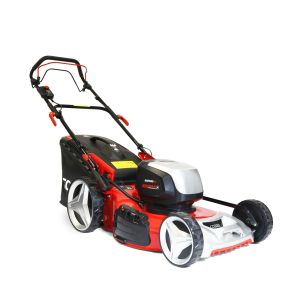 Red and black self-propelled lawn mower
