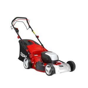 Red and white self-propelled lawn mower