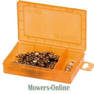 Plastic storage case with assorted fasteners and hardware