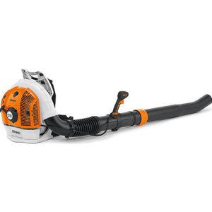 Backpack leaf blower with orange engine housing