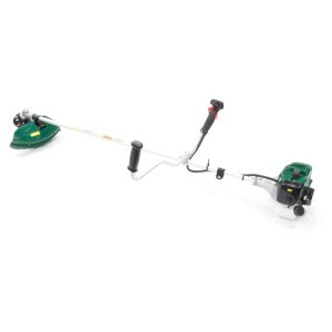 String trimmer with curved shaft and two heads