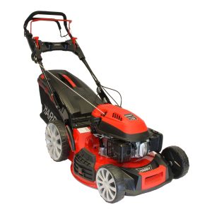 Red and black self-propelled lawn mower