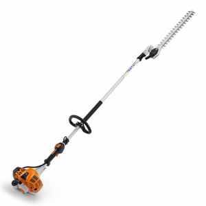 Long-reach hedge trimmer with gas engine.