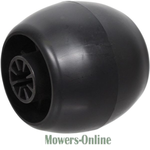 Black spherical lawn mower wheel with tire