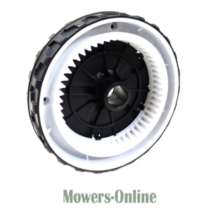 Lawn mower wheel with black tire and hub