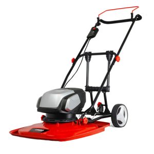 Hover lawn mower with red deck and handles