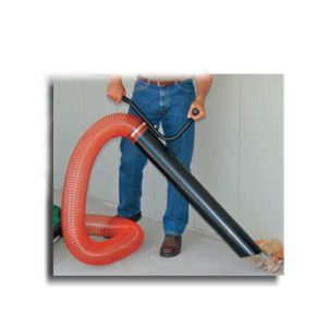 Handheld leaf blower with curved red intake tube