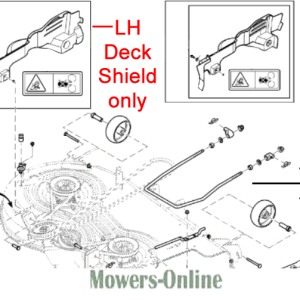 Left-hand deck shield for ride-on mower