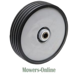 Lawn mower wheel with rubber tread