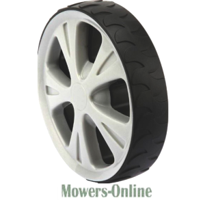Lawn mower wheel with white alloy rim
