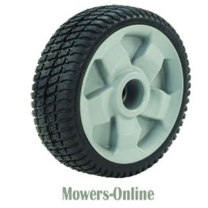 Lawn mower wheel with white plastic rim