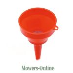 Red plastic funnel with handle and spout