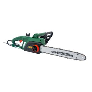Electric chainsaw with green and black housing