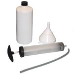 Fluid transfer kit with bottle, funnel, and syringe pump