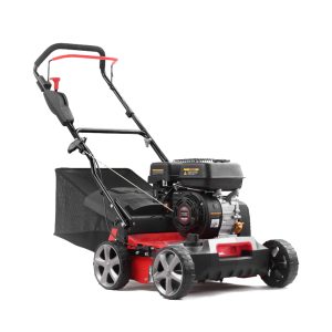 Red and black self-propelled lawn mower