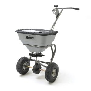 Handy wheeled garden fertilizer spreader