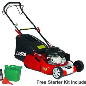 Red and black lawn mower with starter kit included