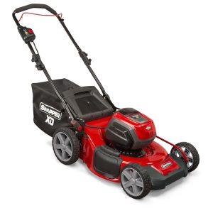 Red and black push lawn mower with bagger