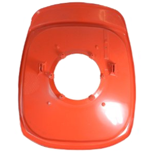 Red plastic lawn mower deck cover with hole