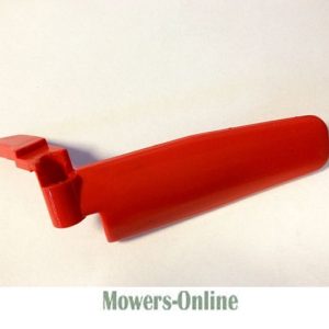 Red lawn mower discharge chute assembly