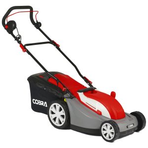 Cobra electric lawn mower with red and black design