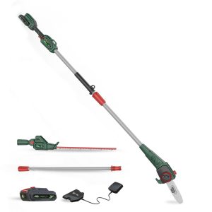 Cordless pole hedge trimmer with battery and charger