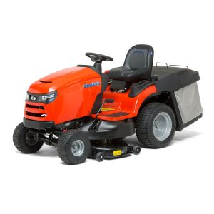 Red ride-on lawn mower with cargo bed