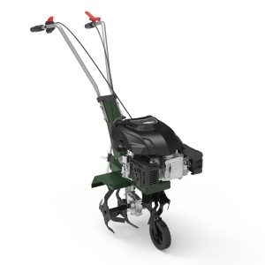 Front-tine tiller with dual handles and engine