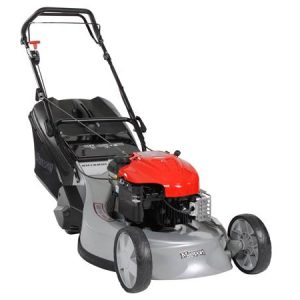 Red and silver self-propelled lawn mower
