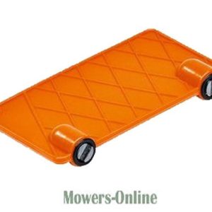 Orange lawn mower deck with wheels