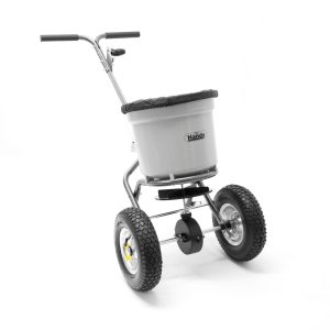 Ride-on fertilizer spreader with three wheels