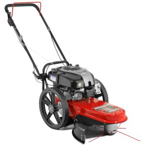 Gas-powered string trimmer with wheels and handles