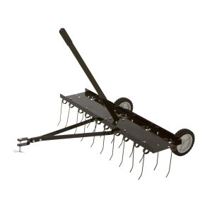 Tow-behind rake with tines and adjustable handle