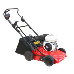 Red petrol powered scarifier lawn mower