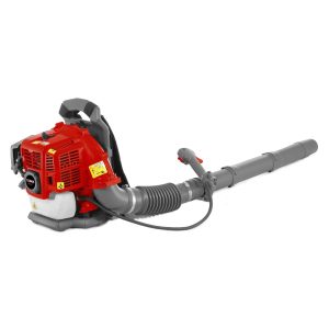 Red backpack leaf blower with shoulder strap