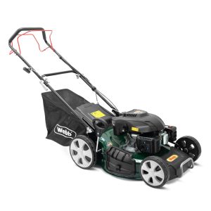 Petrol lawn mower with black deck and white wheels