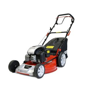 Red and black self-propelled lawn mower