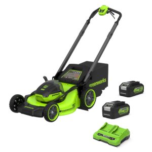 Greenworks cordless lawn mower with batteries and charger